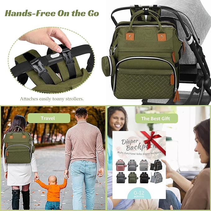 Diaper Bag Backpack for New Parents, Large Capacity Baby Travel Bag with Bottle Holders, Multiple Compartments (Green)