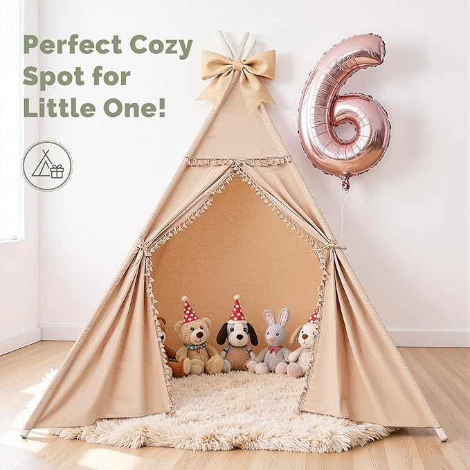 Sumbababy Large Teepee Tent for Adults & Kids, Cotton Canvas Foldable Indoor Tent for Toddlers, Sleepover Gift Toy for Girls & Boys, Washable Slumber Party Tent for Party Decor, Khaki
