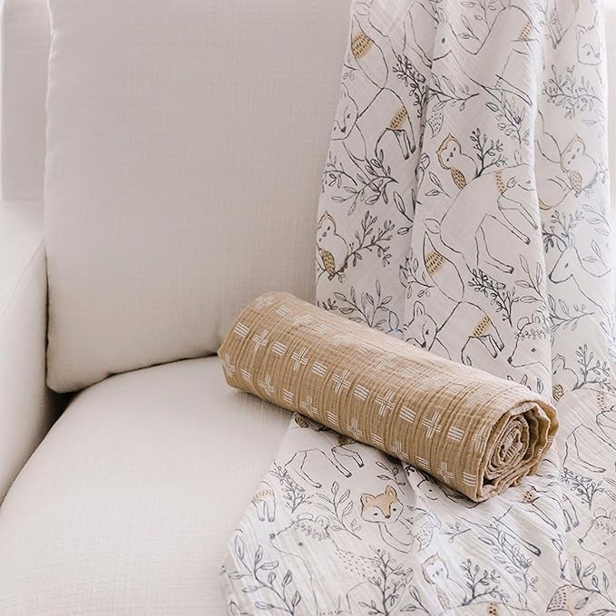 Crane Baby 100% Cotton Muslin Swaddle Blankets, Ezra Woodland Animal, Baby Swaddle Blanket, Set of 2, 47" x 47", Swaddles for Newborns, Baby Muslin Swaddle Blanket, Swaddle Blankets for Boys & Girls