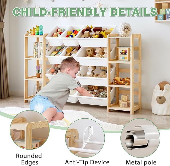 MallBest Extra Wide Toy Storage Organizer with 12 Bins and Dual Bookshelves ??Solid Pine Wood Kids Toy Shelf and Bookcase for Bedroom, Nursery, or Montessori Playroom, (Natural)