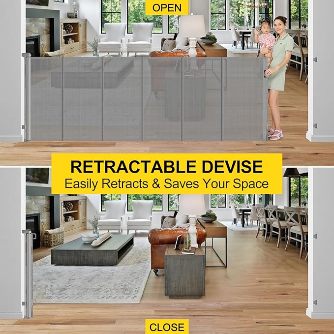 Reinforced 42??Tall x 100??Wide Retractable Baby Gates Extra Tall Dog Gate with Rods to Prevent Crawling Through, Pet Gate for Large Openings Extra Wide Mesh Baby Gate for Stairs, Gray