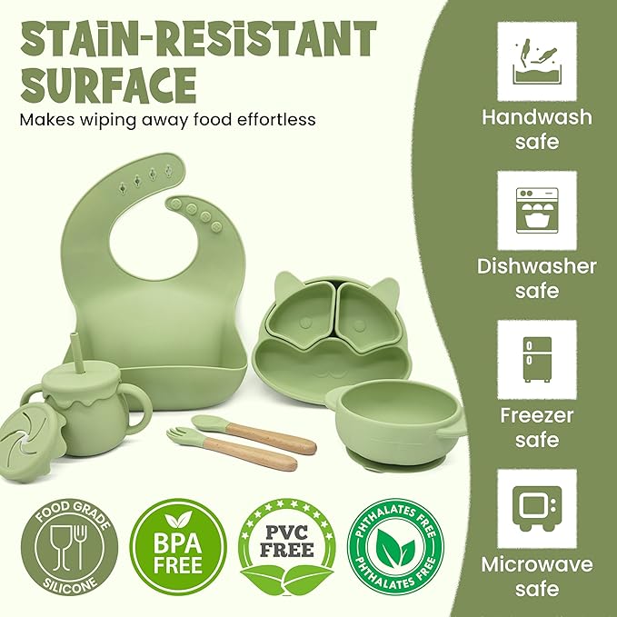 Baby Feeding Essentials, Baby Led Weaning Supplies, Silicone Baby Feeding Set, with Baby Spoon, Fork, Baby Bib, Sippy Cup, Suction Plate, Suction Bowl, Baby Eating Essentials, 6+ Months (Olive)