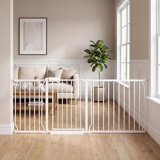 Extra Wide Baby Gates - 71.6-76.4 Inch, Heavy Duty Baby & Pet Safety Gate, White Metal, Tension Mounted Child & Pet Gates for Stairs & Doorways