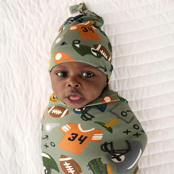 Little Sleepies Swaddle & Hat Set, Baby Swaddles Newborns, Soft Viscose from Bamboo Swaddle Blanket Wrap (Touchdown Time)