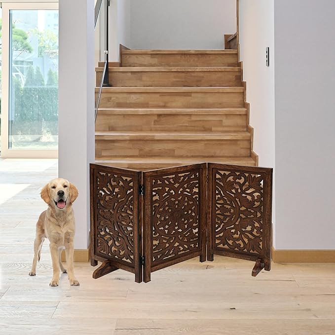 Freestanding Pet Gate for Dogs, Foldable Wooden Dog Gate for House, Indoor Dog Gate for Stair, Doorway, Circle Design Gates for Dogs Indoor, 48 Inch Wide, (16" x3 Panels =48 inch), Burnt Finish