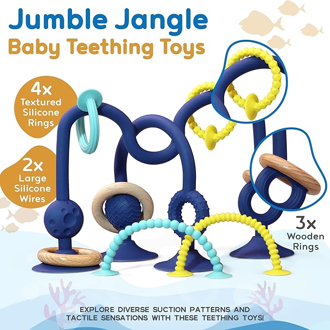 JoySprout Jumble Jangle Baby Teething Toys ??Suction Cup High Chair Toys for Babies 6-12 Months | BPA-Free Baby Suction Toy for Highchair Tray, Table, Sensory Play, Teething Relief Essentials