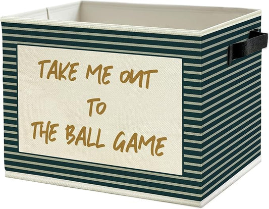 Vintage Baseball Nursery Storage Bins Box with Handles, Take Me Out to the Ball Game Sports Green Striped Collapsible Basket Organizer for Boys Bedroom Playroom Bathroom Toys Books Clothes