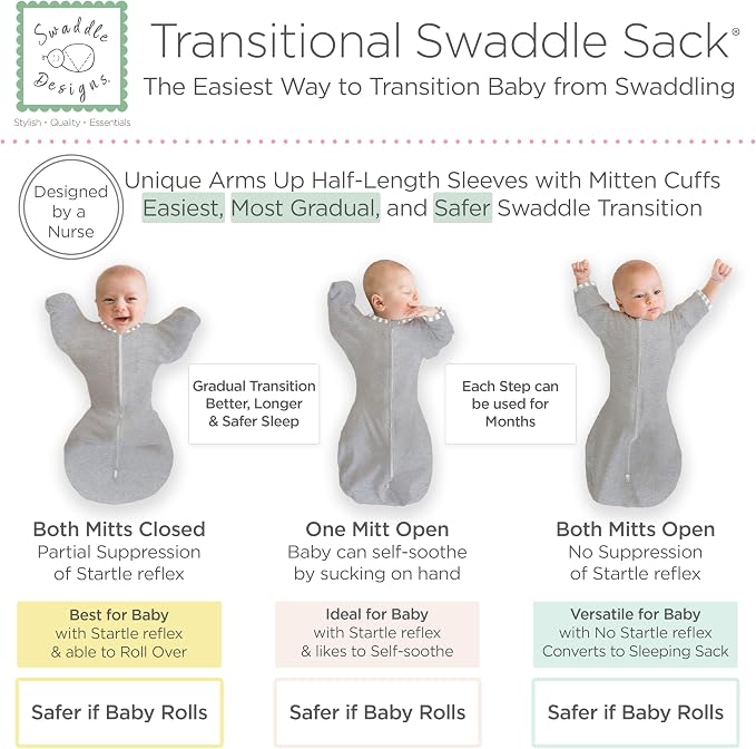 SwaddleDesigns Transitional Swaddle Sack, Arms Up Half-Length Sleeve Mitten Cuff, Most Gradual Transition Swaddle for Newborn