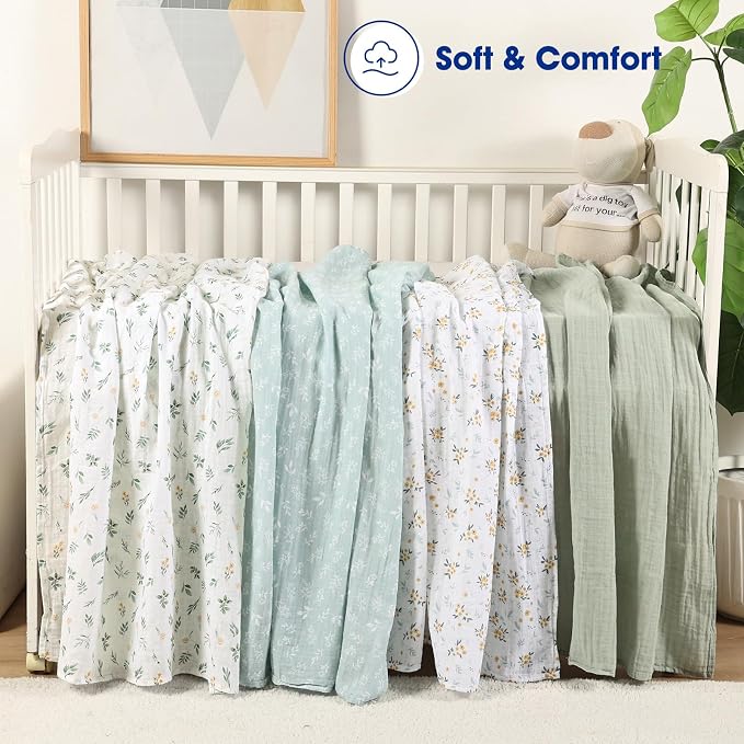 david's kids 4 Pack Baby Muslin Swaddle Blankets, 100% Cotton and Ultra Soft Breathable Receiving Blanket Wrap for Boys Girls, New Born Essentials, Large 47 x 47 inches, Leaf & Floral