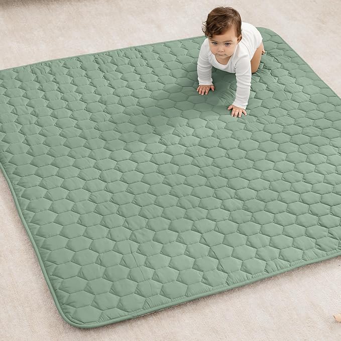 Comfy Cubs Square Kids Play Mat - 56 x 56 inches Soft Quilted Baby Floor Mat with Non-Slip Bottom - Plush Design for Toddlers' Playtime - Comfortable and Durable - Fern