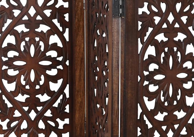 Free Standing Dog Gate – 4 Panel Foldable Wooden pet gate Indoor 56" W x 28" H, Hand-Carved Solid Wood & MDF, Portable Indoor Gate for Doorways, Halls, Stairs – Fully Assembled, Burnt Finish