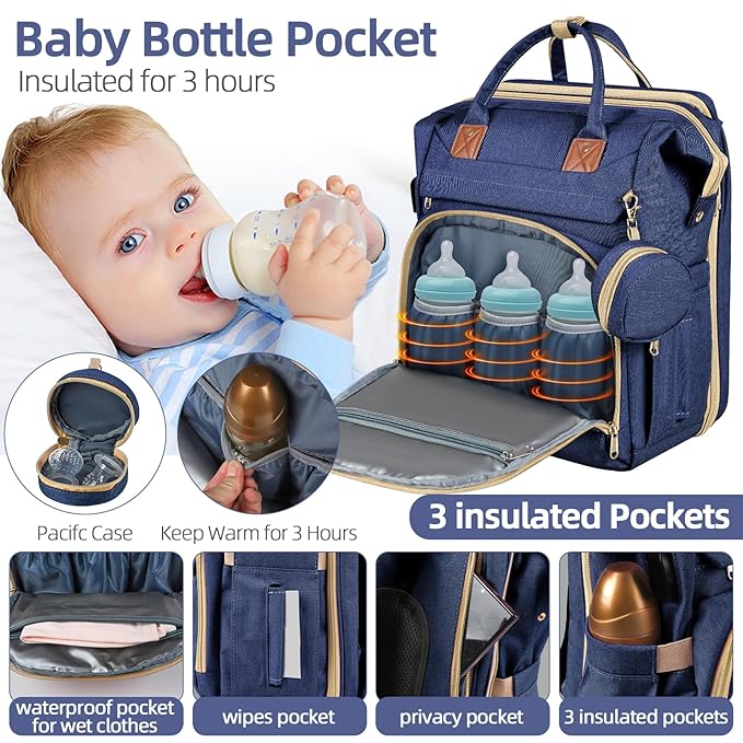ZRSUN Baby Diaper Bag Backpack,Baby Shower Gifts, Multifunctional Travel Diaper Bag, Gifts for Mom with Portable Diaper Pad (Blue)
