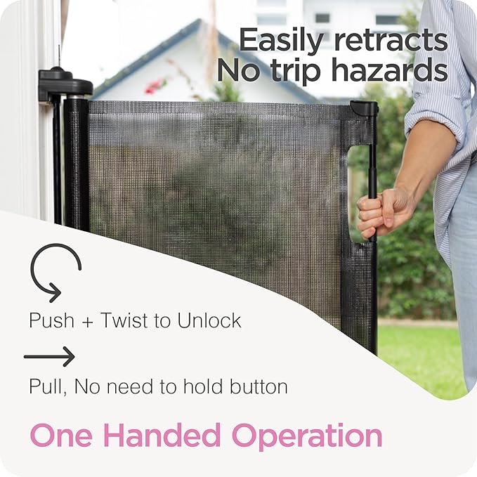 Retractable Baby Gate Perma Child Safety 41" Tall x 71??Wide, Mesh, for Stairs, Doorways, Dogs, Pets, Indoor, Outdoor, One-Handed Operation, Locking, Easy Install, Hardware Mount, Black