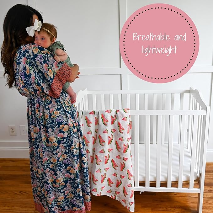 LollyBanks Muslin Swaddle Blankets, 100% Cotton Newborn Blanket for Boys and Girls, Large 47 x 47 Inches Lightweight and Breathable Baby Swaddle Blanket, Baby Essentials, Registry (Watermelon Print)