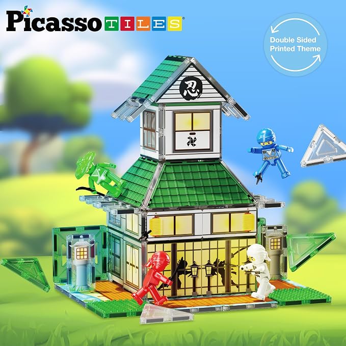 PicassoTiles Magnet Tile Building Blocks Ninja Dojo House Theme STEM Playset with 4 Character Action Figure Ninjas Weapon Accessories Magnetic Tiles Educational Toy Pretend Play Toddlers Ages 3+ PTQ07