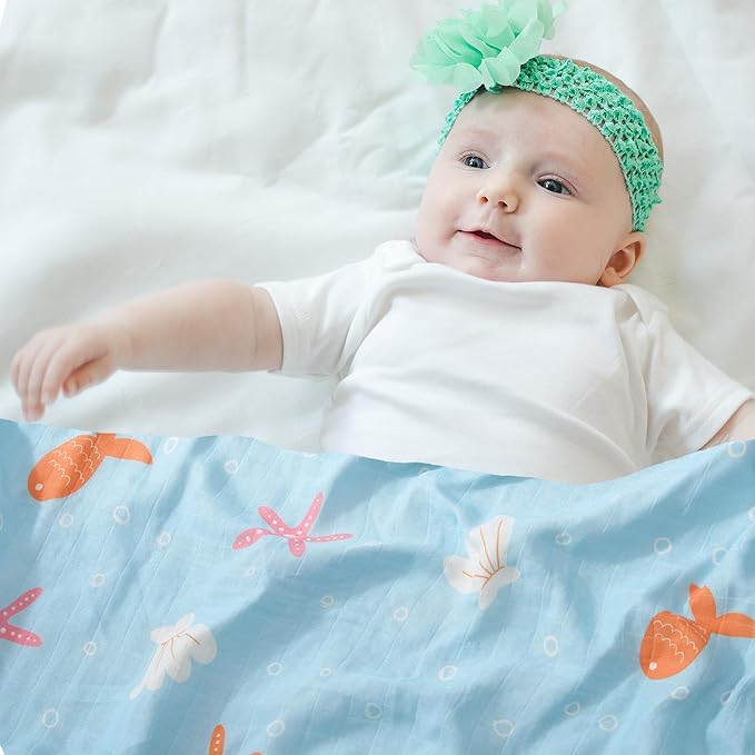 Muslin Swaddle Blankets for Newborn, 2 Pack Large 47"x47" Soft Breathable Bamboo Cotton Baby Blanket, Lightweight Receiving Blanket for Boys and Girls, Underwater Magic