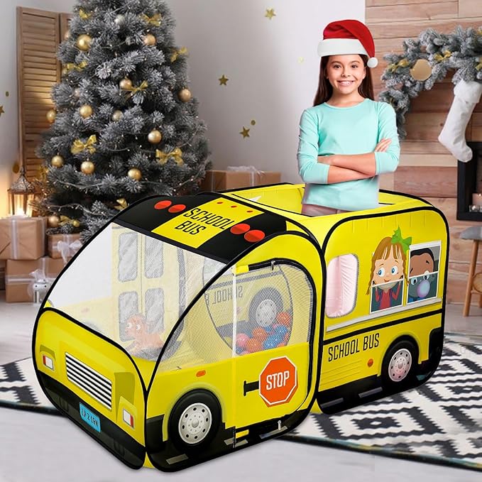 School Bus Pop-Up Kids Tent with Sound Play Button, Ball Pit for Toddler & Up - Easy Setup Tent for Indoor & Outdoor, Daycare Playground Activities & Pretend Play, Great for Kids