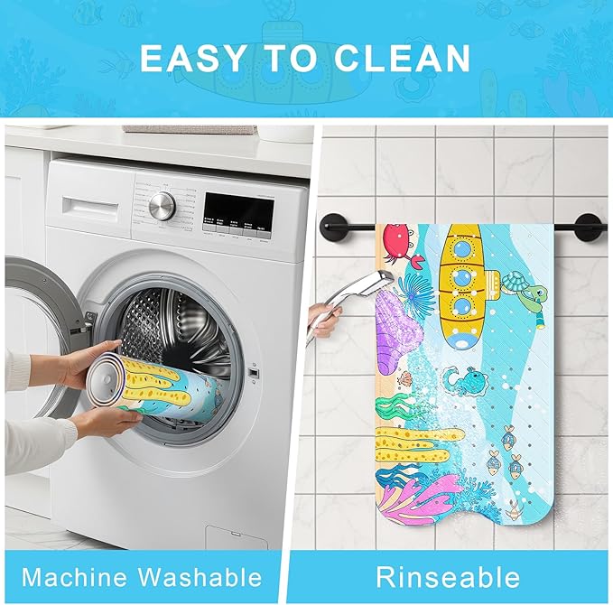 Upgrade Cartoon Baby Bath Mat Non Slip -40"x16" Extra Long Bathtub Mat for Baby Eco Friendly Durable Bath Mat for Tub Non Slip Kids Tub Mat with Suction Cups, Machine Washable and No Fading, Submarine
