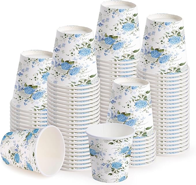 WRAPAHOLIC 3oz Paper Cups - 100 Pack Disposable Bathroom Cups with Hydrangea Flower Design, Small Mouthwash Cup for Toothbrush Rinse, Home Bathroom, Picnic, BBQ, Travel and Party