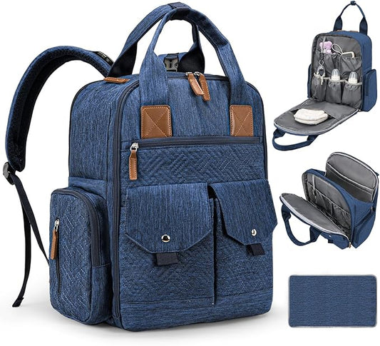 JSTPRO Diaper Bag Backpack - Large Diaper Bag with Portable Changing Pad as Baby Shower Gifts, Lightweight Waterproof Unisex Travel Baby Bag with 4 Insulated Pockets and Stroller Buckles, Dark Blue