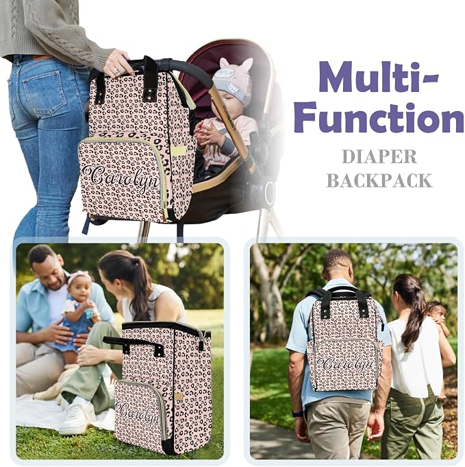 Custom Diaper Bag with Name Personalized Multifunctional Mommy Backpack for Shoulders Outdoor Backpack for Newborn Baby Thermal Pockets Nursing Bags （Leopard print）