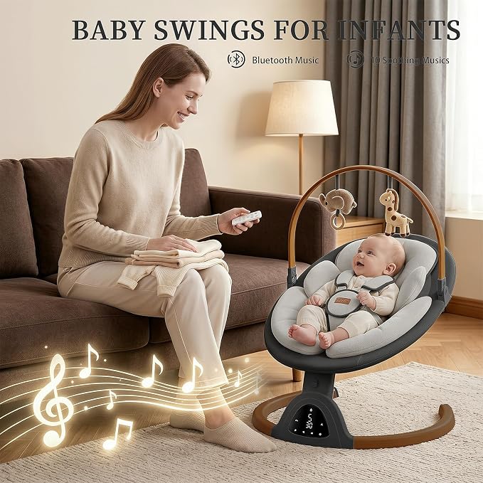 Baby Swings for Infants, TinyGlow Baby Swing, Electric Baby Swing with Remote Control,Portable Infant Swing for Indoor & Outdoor Use (Black)