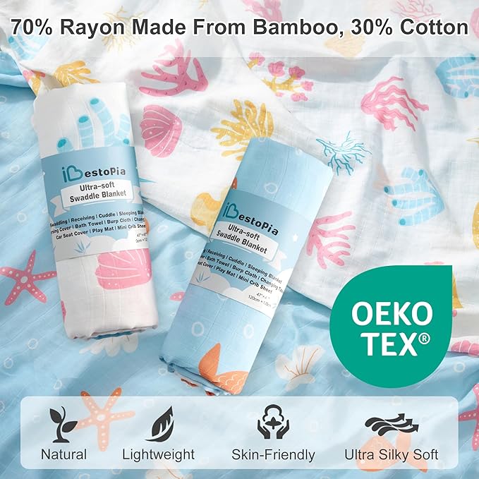 Muslin Swaddle Blankets for Newborn, 2 Pack Large 47"x47" Soft Breathable Bamboo Cotton Baby Blanket, Lightweight Receiving Blanket for Boys and Girls, Underwater Magic