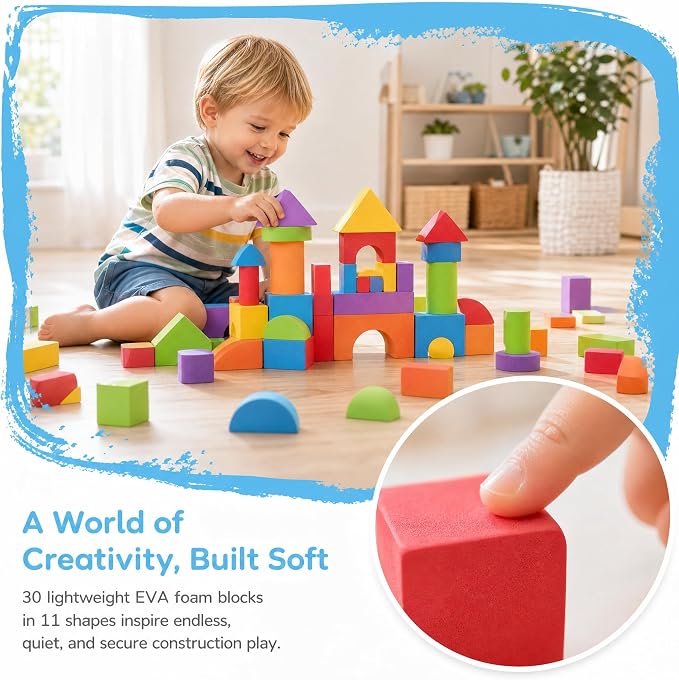 Large Building Foam Blocks for Toddlers - Tacking Soft Blocks for Kids - Shapes & Colors Learning for Kids - Construction Building Preschool Toys for Boys & Girls (30 Pieces)