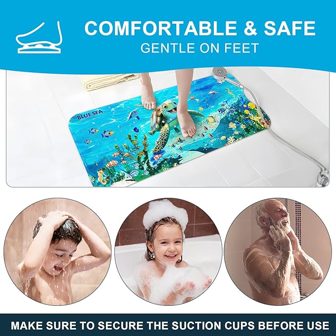 XIYUNTE Baby Bath Mat for Tub Non Slip Kids Bath Mat - 40''x16'' Extra Long Cartoon Bathtub Mat Non Slip Kids Shower Mat Eco-Friendly Toddler Bath Mats with Suction Cups, Machine Washable