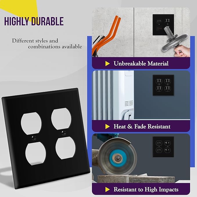 ENERLITES Double Duplex Wall Plate, Two Gang Electrical Outlet Cover, Standard Size 2-Gang 4.5" x 4.57", Unbreakable Polycarbonate Thermoplastic, UL Listed, 8822-BK, Black