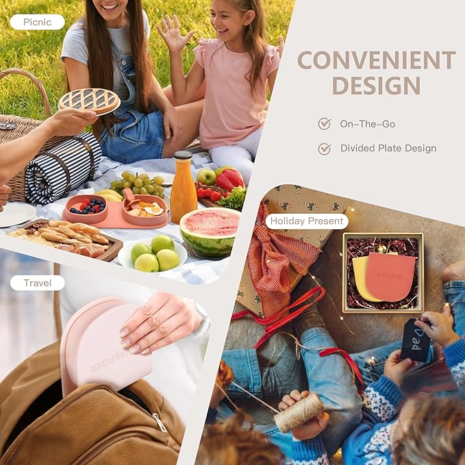 Silicone Foldable Novelty Dinner Plates, Baby Plates Travel Essential with Forks and Spoons, Microwave & Dishwasher Safe, Blush