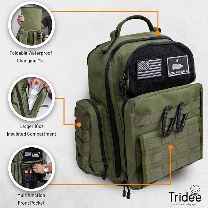 Green Dad Diaper Bag - Molle-Style Military Diaper Backpack Made of Rugged 900D Waterproof Polyester with Wider Extra-Long Straps, Dirty Diapers Pouch, Baby Wipes Dispenser & Insulated Bottle Pockets