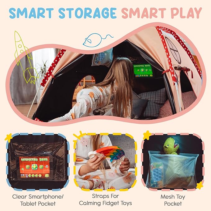 Blackout Sensory Tent for Kids with Autism - 51"x 51"x 40" Calming Corner, Easy to Assemble & Durable with Clear Phone Pocket and Mesh Storage ??Ideal for SPD, ADHD & Autistic Children Mushroom Tent