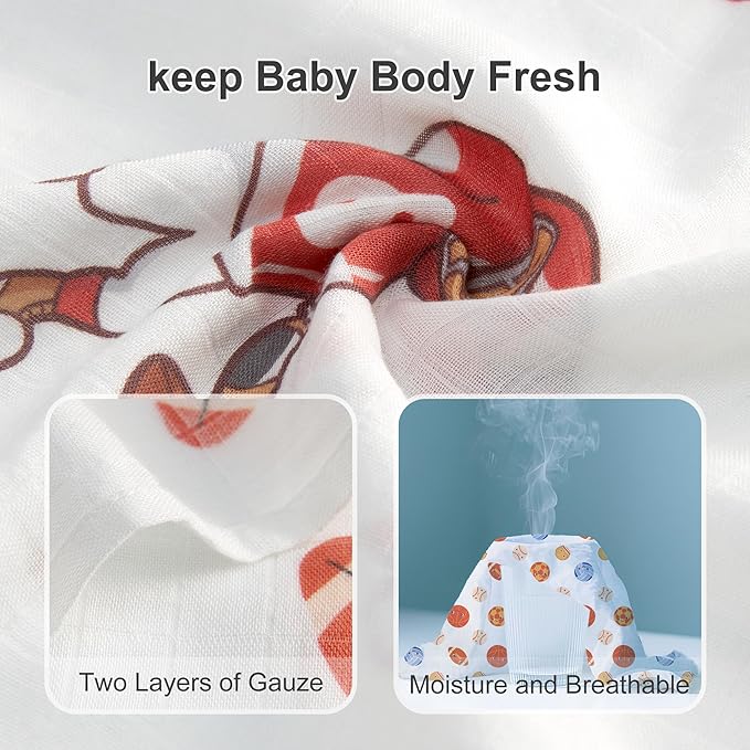Muslin Swaddle Blankets for Newborn, 4 Pack Large 47"x47" Soft Breathable Bamboo Cotton Baby Blanket, Lightweight Receiving Blanket for Boys and Girls, Sports Collection