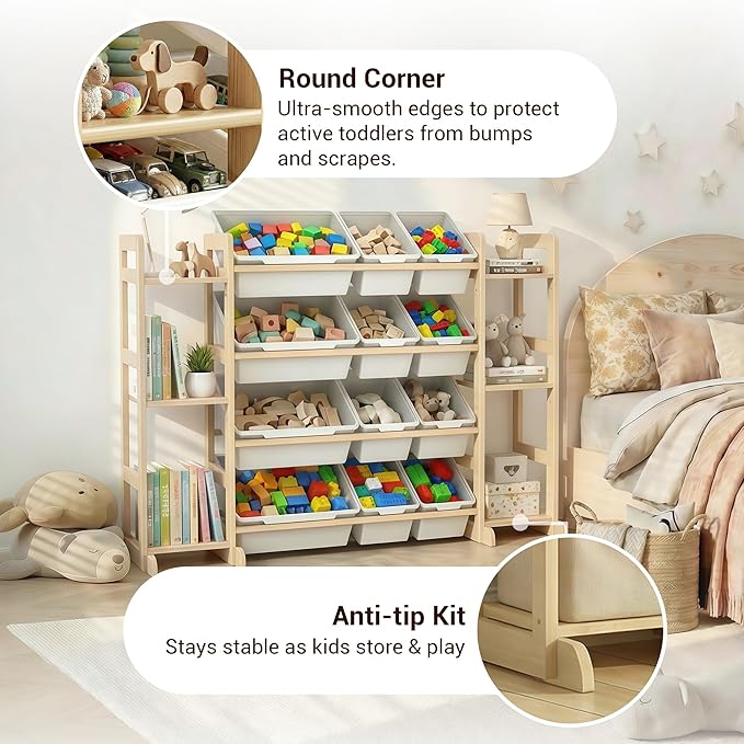 Kiddocood Kids Toy Storage Organizer with 12 Bins, 100% Solid Wood - Natural Finish Montessori Toy Organizer, BPA Free, CPC-Certified Playroom Organization for Living Room & Nursery, 52.3"