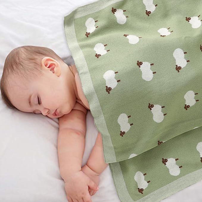 Hadetoto 100% Cotton Baby Blanket Knit Soft Cozy Swaddle Receiving Blankets Toddler Infant Blanket with Lovely Sheeps for Newborn Boy Girls - Light Green, 90 x 70cm
