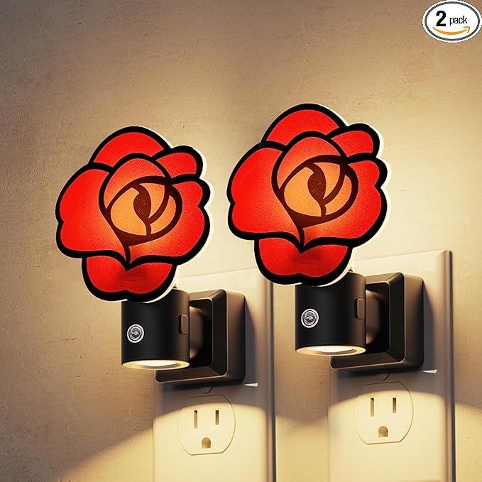 L LOHAS LED Red Rose Night Lights Plug into Wall, Gothic Rose LED Night Light with Dusk?‘to?‘Dawn Sensor, Adjustable Brightness, 350° Rotatable Plug in Nightlight for Bedroom Hallway Bathroom (2 Pack)