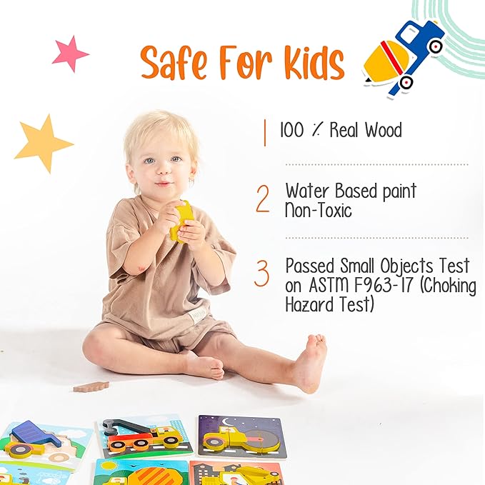 Klevly 6 PK Construction Wooden Toddler Puzzles Ages 2-4 | Wooden Puzzles for Toddlers 1-3 | Montessori Toys for 2 Year Old | Learning for 2+ Year Olds