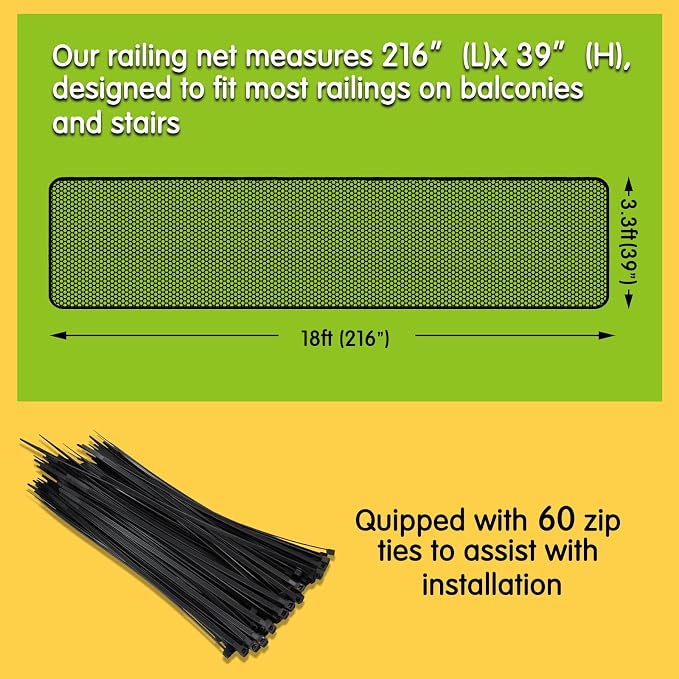 Cupount Banister Guard for Baby- Black Safety Mesh Netting for Pets and Kids - Stair Railing Cover for Home (Black, 216x39 Inch (Pack of 1))