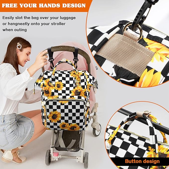LIMHOO 3 in 1 Diaper Bag Backpack, Multifunction Large Baby Bags with Changing Pad & Stroller Straps, Waterproof Nappy Bag for Mom Baby Care (Checkered Sunflower)
