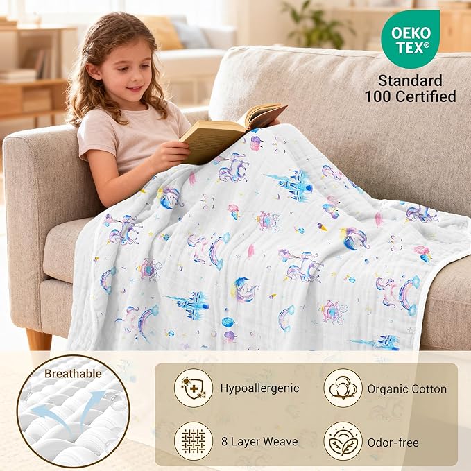 ZPECC Muslin Toddler Blanket Thicker, 47x47 Organic Cotton Kids Quilt Hypoallergenic for Baby Essentials Crib Stroller Daycare Cot, Unicorn