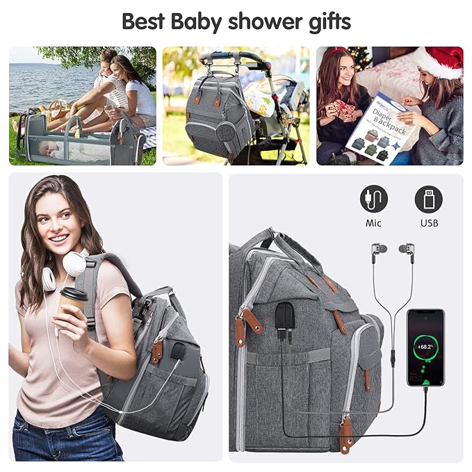 DERJUNSTAR Diaper Bag Backpack ??Large Capacity Baby Diaper Bag with Changing Pad, Waterproof Travel Backpack for Boys & Girls, Multi-Function Baby Bag with USB Charging Port, Grey