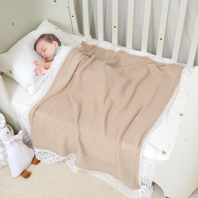 mimixiong 100% Pure Cotton Baby Blanket Extra Soft Cellular Neutral Swaddle Receiving Crib Blanket for Newborn Baby Boy Girl Size 30 x 40 inches (Camel -lace)