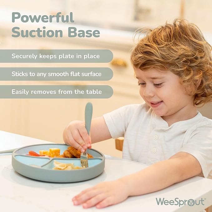 WeeSprout Toddler Plate with Suction Base ??Two-Tone Baby Plate with Dividers, Food-Grade Silicone (Matte Pink/Purple)