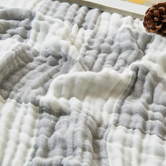 EMME Cooling Muslin Twin Blanket - Checkered Lightweight Summer Cotton Blankets of Rayon Derived from Bamboo for Hot Sleepers, Soft Breathable All Season Gauze