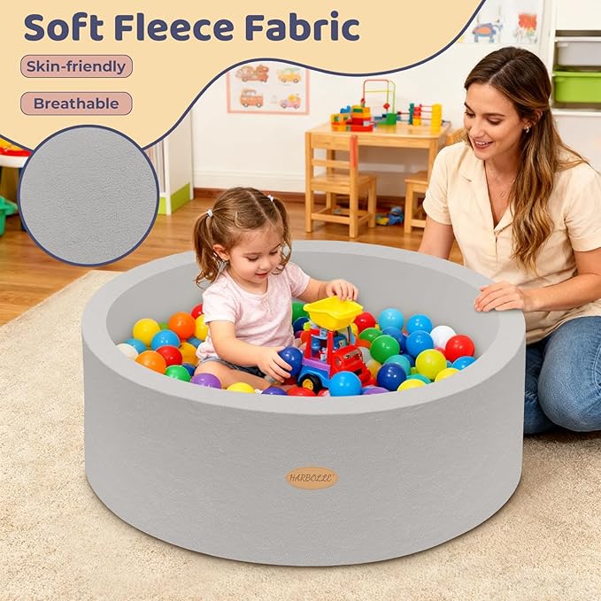 HARBOLLE 35.4" Soft Fleece Ball Pit & Playpen for Toddlers & Babies, Indoor/Outdoor Kids Foam Play Center, for Boys & Girls, Gray