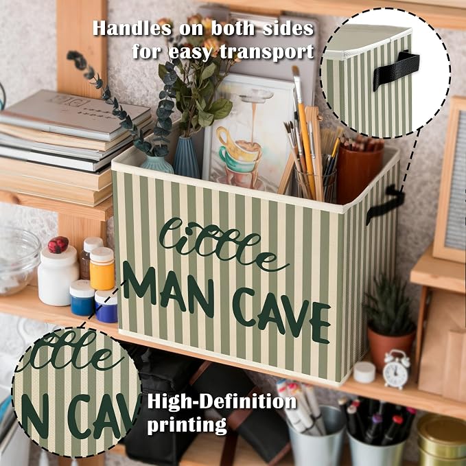 Little Man Cave Boys Storage Bins Box with Handles, Green Stripe Boho Collapsible Basket Organizer for Kids Boys Playroom Nursery Room Bedroom Bathroom Toys Books Clothes
