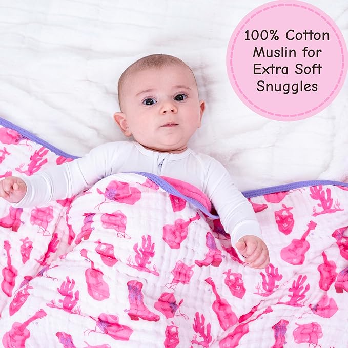 LollyBanks Muslin Baby Quilt, 100% Organic Cotton Baby Blanket, Large 47 x 47 Inches, 6-Layer Soft and Breathable Infant Blanket, Cozy Toddler Girl Blankets, Nursery Essentials (Western Cowgirl)
