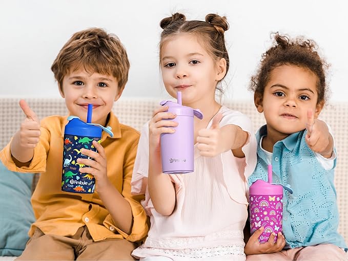 Fimibuke Kids & Toddler Cups, 10 OZ Spill Proof Straw Cups for Toddlers, Leak-Proof Kids Insulated Tumblers with Screw-On Lid & Silicone Straws with Stopper, Stainless Steel Sippy Cup for Girls Boys