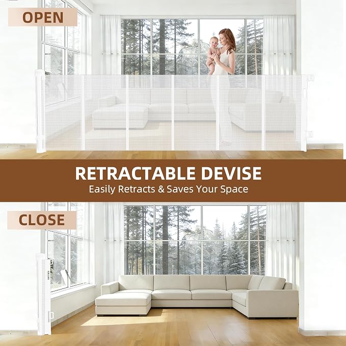 Reinforced Retractable Baby Gate, 118 in Extra Wide x 33 in Tall Mesh Dog Gate with Fiberglass Reinforcement Rods, Hardware Mounted Safety Gate for Doorways, Hallways, Indoor Outdoor, White